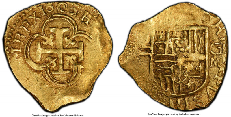 Philip III gold Cob 2 Escudos 1605/598 G-M AU58 PCGS, Granada mint, Cal-1032 (pr...