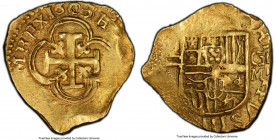 Philip III gold Cob 2 Escudos 1605/598 G-M AU58 PCGS, Granada mint, Cal-1032 (prev. Cal-17, where it was the plate coin), Cay-Unl., Oro Macuquino-75 (...