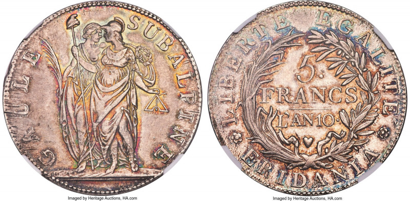 Piedmont. Subalpine Republic 5 Francs L'An 10 (1801/1802) MS64 NGC, KM-C4. A bew...