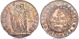 Piedmont. Subalpine Republic 5 Francs L'An 10 (1801/1802) MS64 NGC, KM-C4. A bewitching, near gem offering featuring a polychromatic shadow that accen...