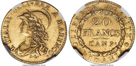 Piedmont. Subalpine Republic gold 20 Francs L'An 9 (1800/1801) AU55 NGC, Turin mint, KM-C5. Mintage: 2,820. A first year example of a short-lived issu...