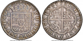 Philip V 8 Reales 1731 S-PA AU50 NGC, Seville mint, KM358, Cal-1623. "PA" vertical. Displaying even circulation wear and no distracting marks over sof...