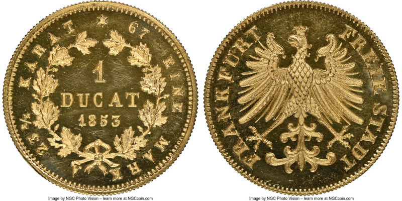 Frankfurt. Free City gold Proof Ducat 1853 PR64 Ultra Cameo NGC, KM352. Mintage:...