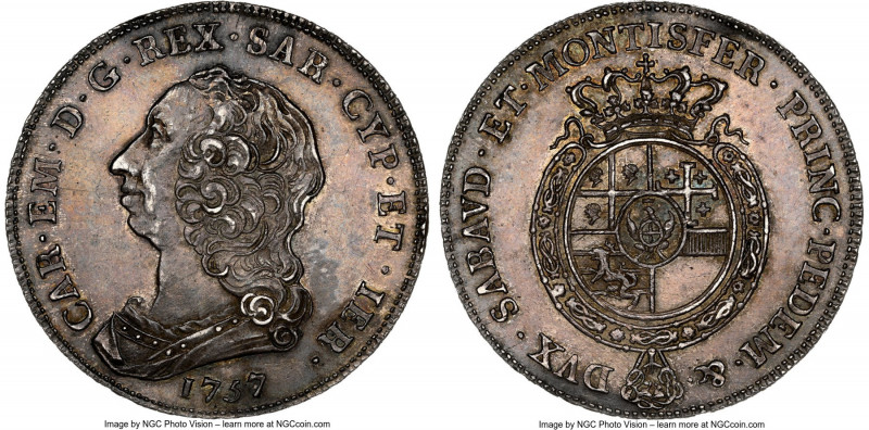 Sardinia. Carlo Emanuele III Scudo 1757 MS61 NGC, KM48, Dav-1494. One of two Min...