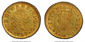 Ferdinand VI gold 1/2 Escudo 1757 M-JB MS64+ PCGS, Madrid mint, KM378, Cal-561. A dainty but formidable representative, earning a "star" designation f...