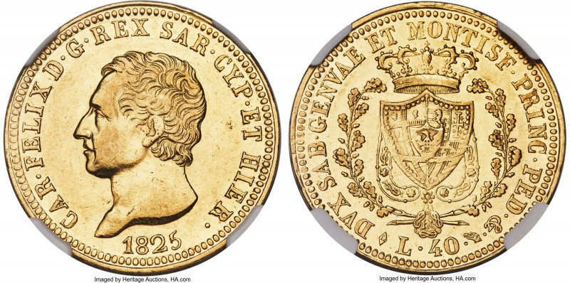 Sardinia. Carlo Felice gold 40 Lire 1825 (Eagle)-L AU55 NGC, Turin mint, KM120.1...