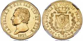 Sardinia. Carlo Felice gold 40 Lire 1825 (Eagle)-L AU55 NGC, Turin mint, KM120.1. Boldly struck and gently circulated, this piece features crisp remna...
