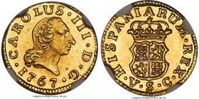 Charles III gold 1/2 Escudo 1767 S-VC MS63 NGC, Sevilla mint, KM389.2, Cal-1296. An impressive survivor with brilliant original luster, virtually clea...