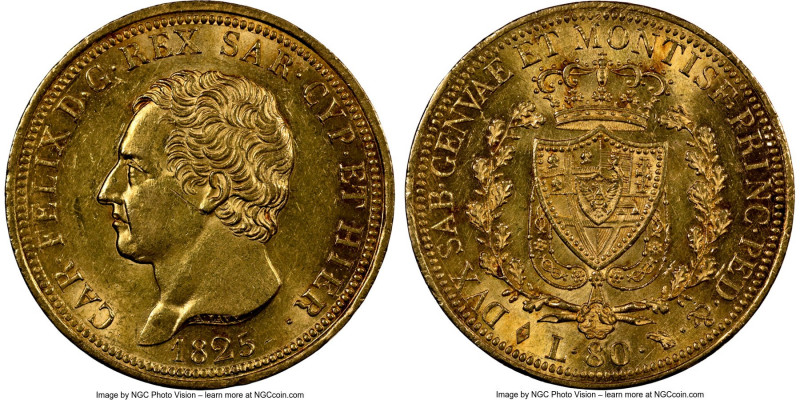 Sardinia. Carlo Felice gold 80 Lire 1825 (Eagle)-L MS61 NGC, Turin mint, KM123.1...