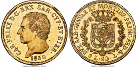 Sardinia. Carlo Felice gold 80 Lire 1830 (Anchor)-P MS62 S NGC, Genoa mint, KM123.2, Fr-1133. A tremendous example with fully defined motifs and spect...