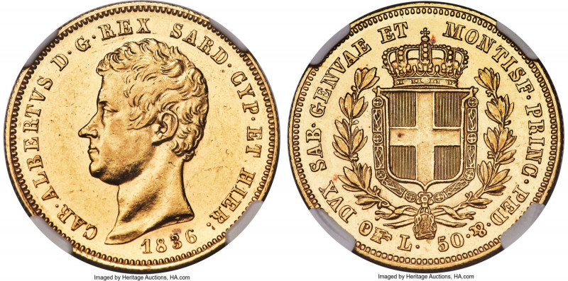 Sardinia. Carlo Alberto gold 50 Lire 1836 (Eagle)-P AU58 NGC, Turin mint, KM137....