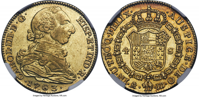 Charles III gold 4 Escudos 1783 M-JD AU58 NGC, Madrid mint, KM418.1, Cal-1788. A...