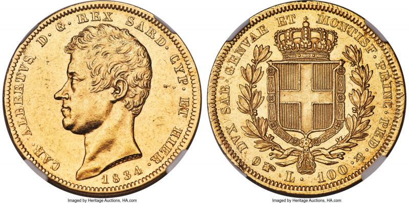 Sardinia. Carlo Alberto gold 100 Lire 1834 (Eagle)-P AU58 NGC, Turin mint, KM133...