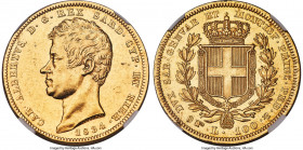 Sardinia. Carlo Alberto gold 100 Lire 1834 (Eagle)-P AU58 NGC, Turin mint, KM133.1, Fr-1138. A sharply struck example of this popular large denominati...