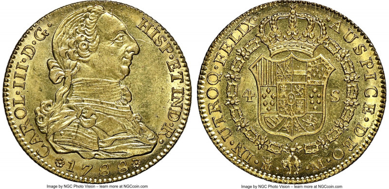 Charles III gold 4 Escudos 1788 M-M MS64 NGC, Madrid mint, KM418.1a, Cal-1795. T...