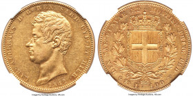 Sardinia. Carlo Alberto gold 100 Lire 1842 (Eagle)-P AU55 NGC, Sardinia mint, KM133.1, Fr-1138, Pag-154. Charming portrait style with crisp remnant de...