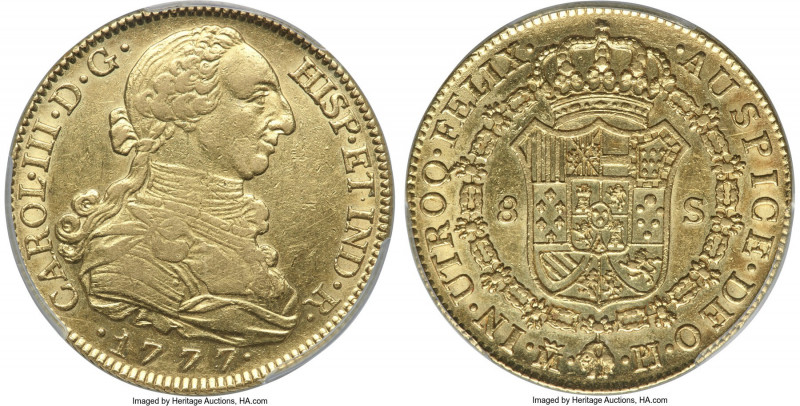 Charles III gold 8 Escudos 1777 M-PJ AU53 PCGS, Madrid mint, KM409.1, Cal-1964, ...