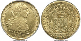 Charles III gold 8 Escudos 1777 M-PJ AU53 PCGS, Madrid mint, KM409.1, Cal-1964, Onza-720 (R). A scarce mint-year type, exactingly struck on a bright l...