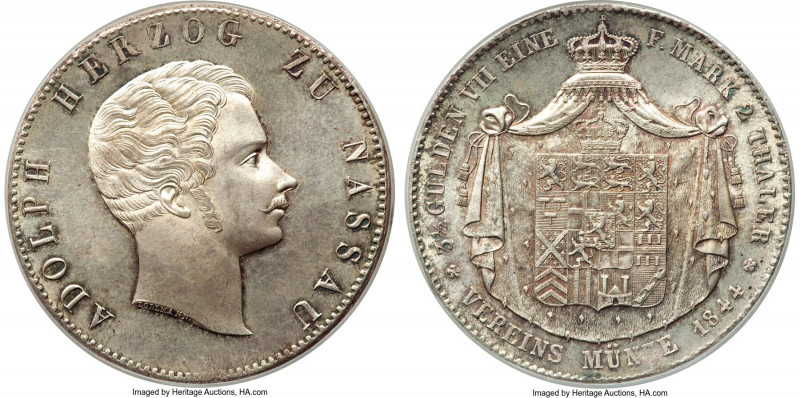 Nassau. Adolf 2 Taler (3-1/2 Gulden) 1844 MS66+ PCGS, KM68. A rare and spectacul...