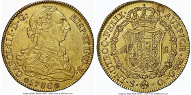 Charles III gold 8 Escudos 1786 S-C AU58 NGC, Seville mint, KM409.2a, Cal-2191. A captivating, near-Mint State specimen, showcasing a sun-gold planche...