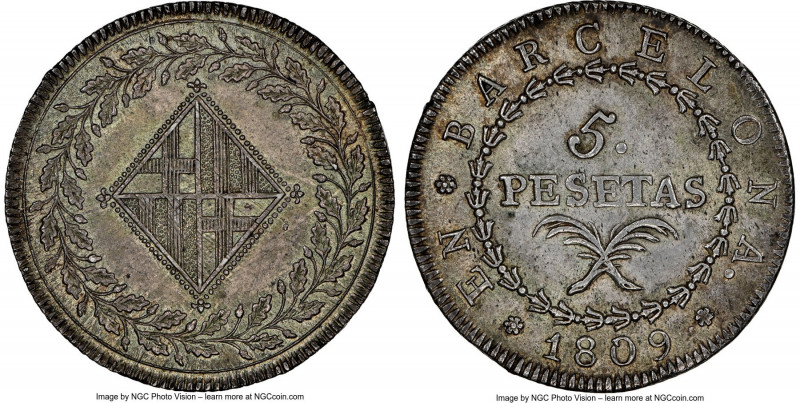 Barcelona. Joseph Napoleon 5 Pesetas 1809 MS62 NGC, KM69, Cal-45. A fleeting ser...