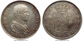 Ferdinand VII 8 Reales 1810-SF AU55 PCGS, Reus mint (in Catalonia), KM455.1, Cal-380. Detailed strike with raised edges and bold portrait, peach infus...