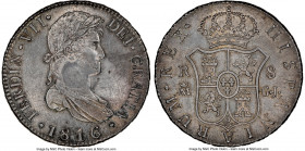 Ferdinand VII 8 Reales 1816 M-GJ MS63 NGC, Madrid mint, KM466. Rotating flares of luster beneath a cloak of gunmetal gray and orange mist toning, stru...