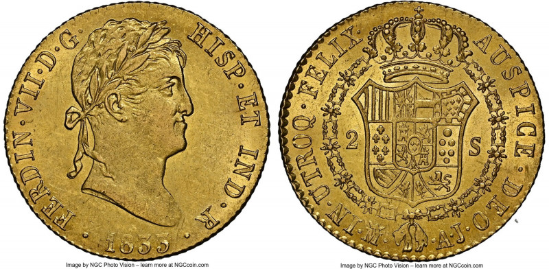 Ferdinand VII gold 2 Escudos 1833 M-AJ MS62 NGC, Madrid mint, KM483.1. Last year...
