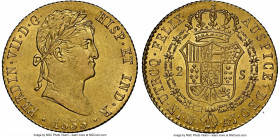 Ferdinand VII gold 2 Escudos 1833 M-AJ MS62 NGC, Madrid mint, KM483.1. Last year in series displaying a luminous cartwheel brilliance on sunny satin s...