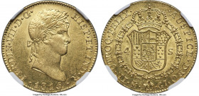 Ferdinand VII gold 4 Escudos 1815 M-GJ MS61 NGC, Madrid mint, KM484, Cal-1710. From an earlier date in this 4 Escudos series, a comfortably Mint State...
