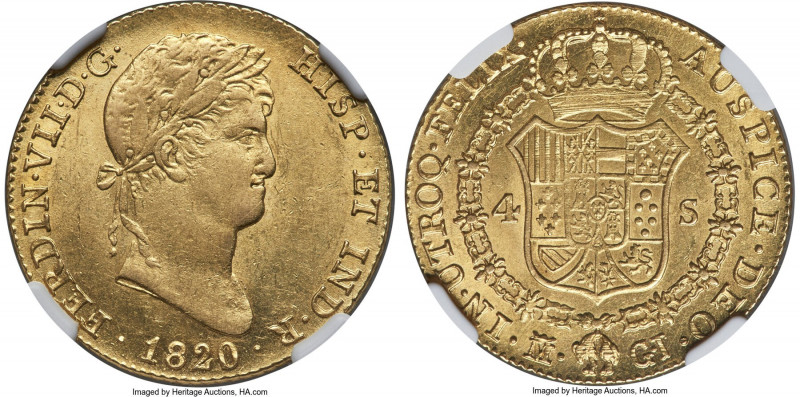 Ferdinand VII gold 4 Escudos 1820 M-GJ MS61 NGC, Madrid mint, KM484, Cal-1716. A...