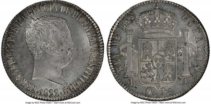 Ferdinand VII "De Vellon" 20 Reales 1822 B-SP MS64 NGC, Barcelona mint, KM563.1....