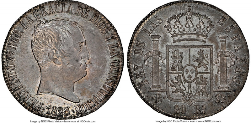 Ferdinand VII "De Vellon" 20 Reales 1823 B-SP MS65 NGC, Barcelona mint, KM563.1,...