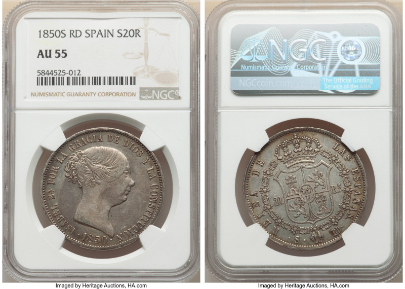 Isabel II 20 Reales 1850 S-RD AU55 NGC, Seville mint, KM592.2. A fleeting repres...