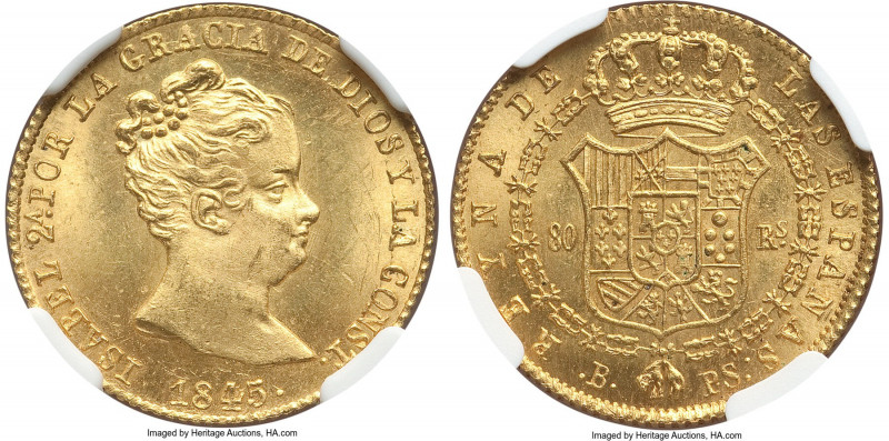 Isabel II gold "De Vellon" 80 Reales 1845 B-PS MS64 NGC, Barcelona mint, KM578.1...