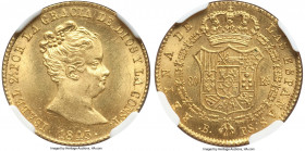 Isabel II gold "De Vellon" 80 Reales 1845 B-PS MS64 NGC, Barcelona mint, KM578.1. Featuring an allover brassy-gold color with butterscotch toned perip...