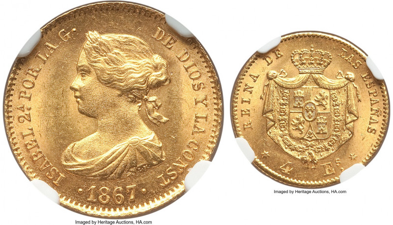 Isabel II gold 4 Escudos 1867 MS65 NGC, Madrid mint, KM631.1, Fr-377. Satin fiel...