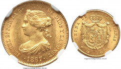 Isabel II gold 4 Escudos 1867 MS65 NGC, Madrid mint, KM631.1, Fr-377. Satin fields of pristine pulsating luster racing to catch itself with each flip ...