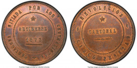 Cartagena. Cantonal Revolution copper Trial Strike 5 Pesetas 1873 SP64 Red and Brown PCGS, Cartagena mint, KM-Unl., Cal-6a. A copper trial strike prod...