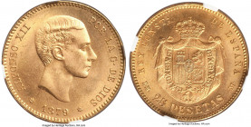 Alfonso XII gold 25 Pesetas 1879(79) EM-M MS66 NGC, Madrid mint, KM673. An adequate representative of this type, richly colored and exhibiting a scint...