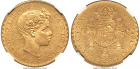 Alfonso XIII gold 100 Pesetas 1897(97) SG-V MS60 NGC, Madrid mint, KM708, Fr-347. A popular single year issue with warm honey fields. Despite scattere...