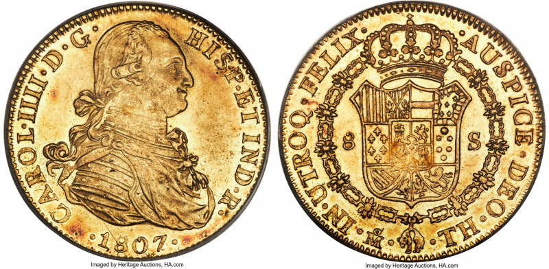 Charles IV gold 8 Escudos 1807 Mo-TH MS63 PCGS, Mexico City mint, KM159, Cal-165...