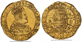 Philip IV of Spain gold 2 Souverain d'Or 1645 MS61 NGC, Tournai mint, KM55, Fr-396. 10.92gm. Boldly struck portrait and shield with easily readable le...