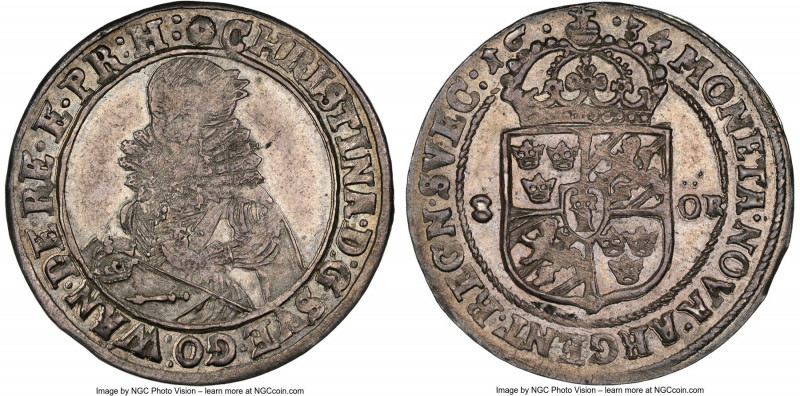 Christina Mark (8 Öre) 1634 UNC Details (Reverse Spot Removed) NGC, KM158, AAH-6...