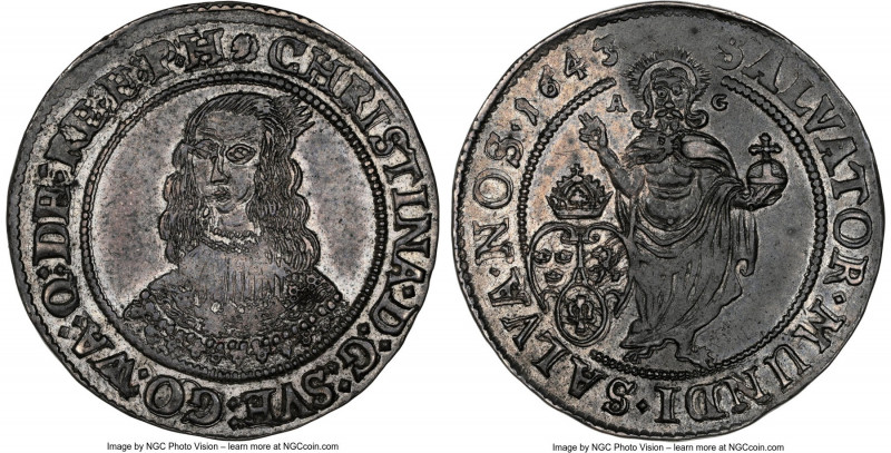 Christina 1/4 Riksdaler 1643 AU58 NGC, KM185. A type seldom encountered certifie...