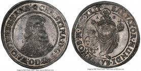 Christina 1/2 Riksdaler 1642 AU58 NGC, KM186. A near-Mint State example alive with mint bloom. Lavender and champagne toning fills the interior fields...