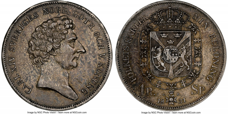 Carl XIV Johan Riksdaler 1831-CB AU55 NGC, KM632. From the elusive first year of...
