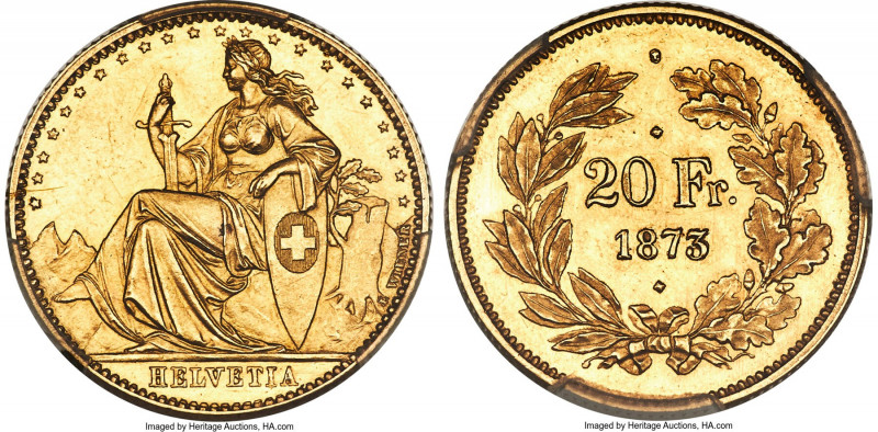 Confederation gold Pattern 20 Francs 1873 MS61 PCGS, Brussels mint, KM-Pn24, HMZ...