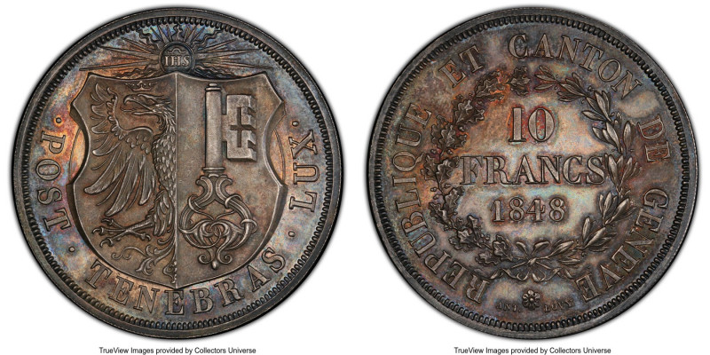 Geneva. Canton 10 Francs 1848 MS64 PCGS, KM138, Dav-374, HMZ-2-363a. Mintage: 38...