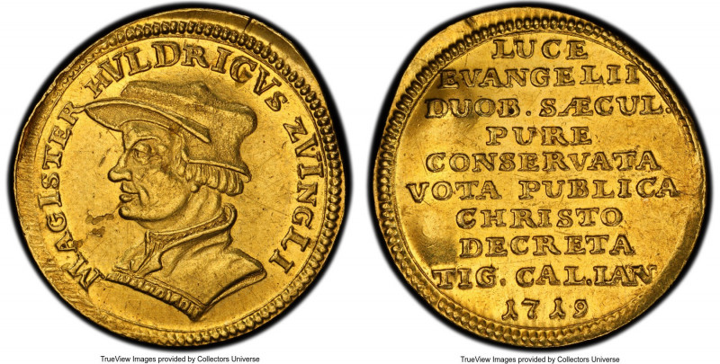 Zurich. Canton gold "Zwingli" Ducat 1719 MS61 PCGS, KMX-M1, Fr-489, HMZ-2-1161k....